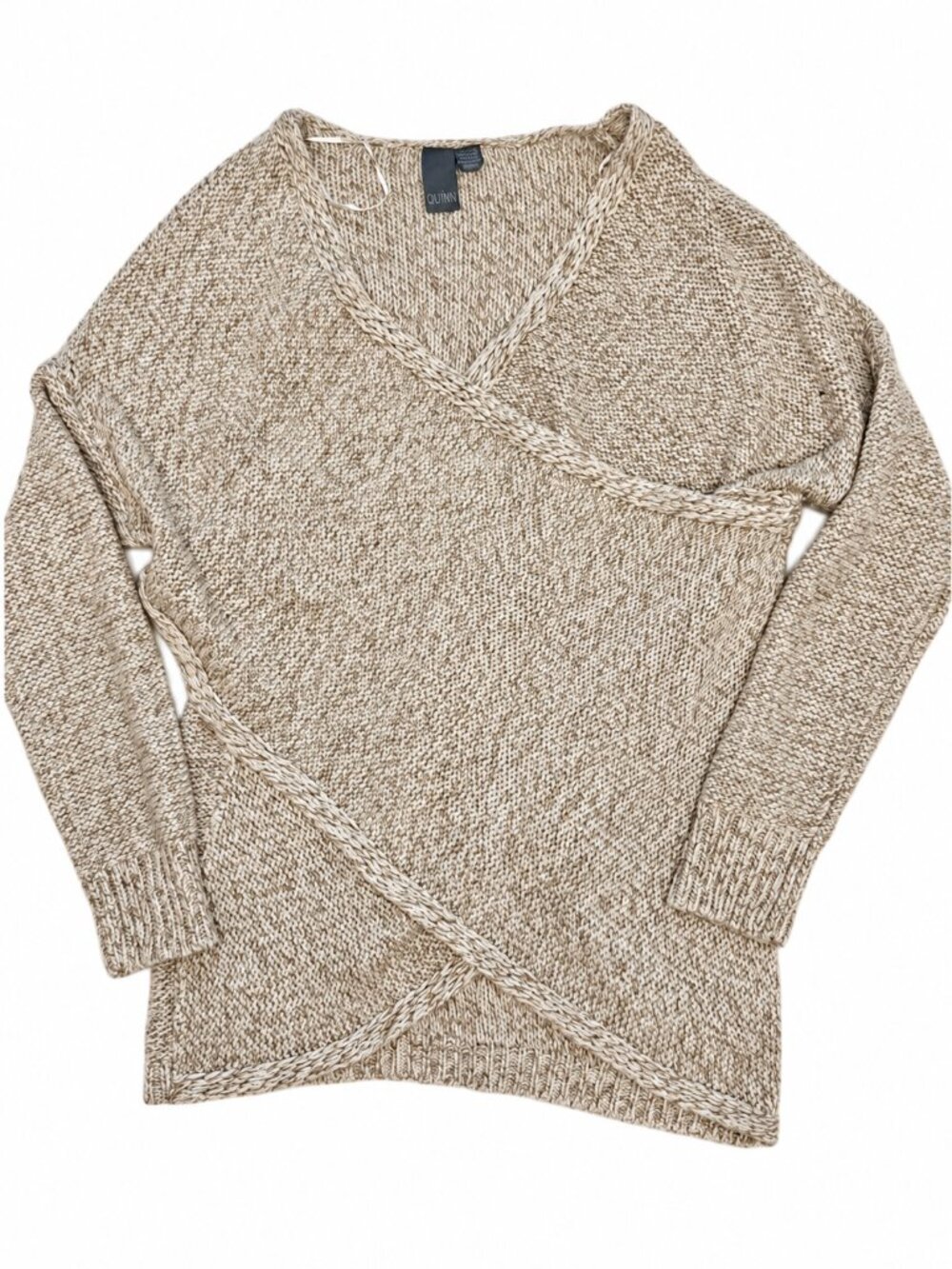 Quinn Beige Wrap‎ V-Neck Sweater Women M Coastal Cozy Minimalist